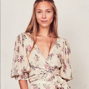 LoveShackFancy Domino Silk Chiffon Wrap Floral Cropped Top Blouse XS NEW